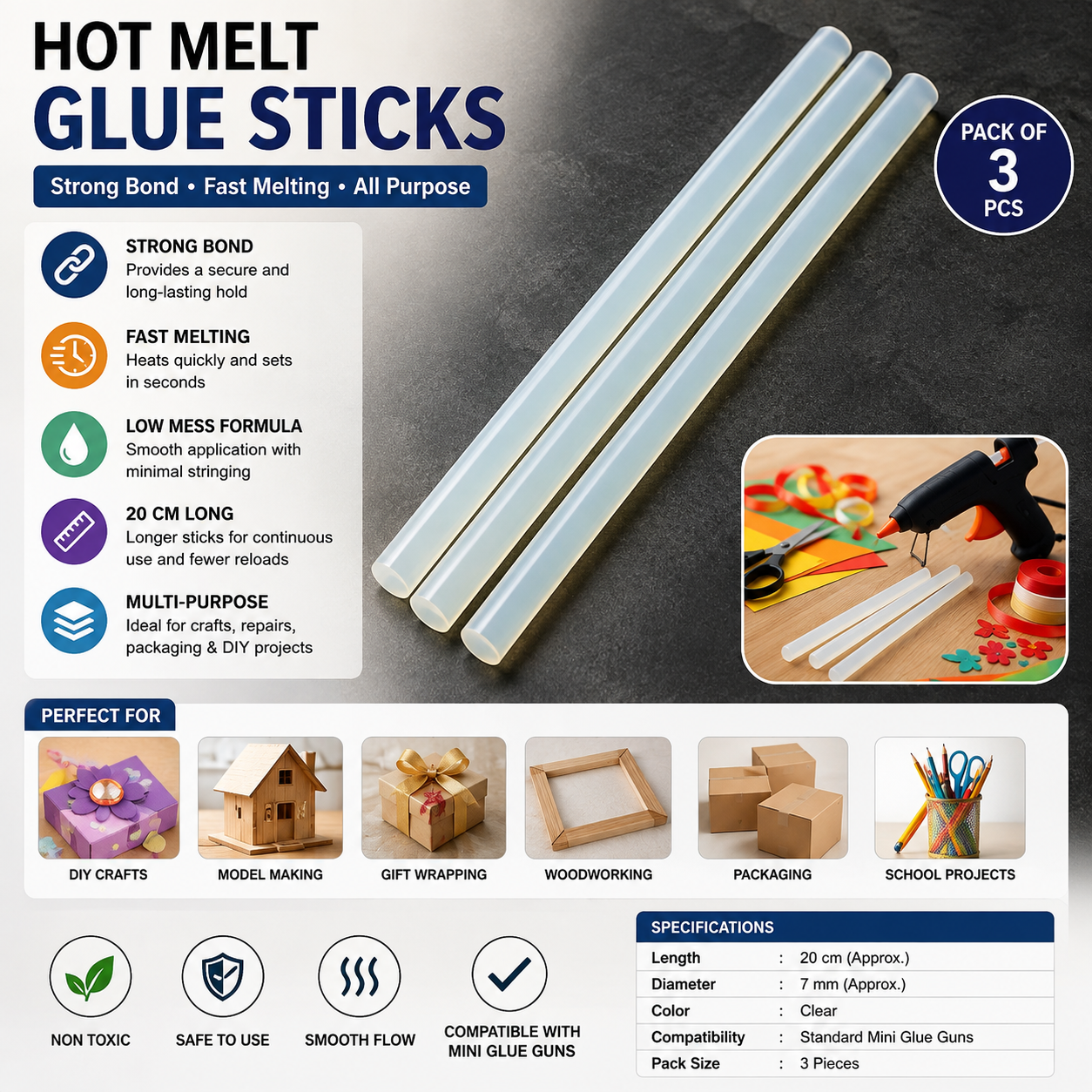 Hot Melt Glue Sticks 20cm Pack of 3