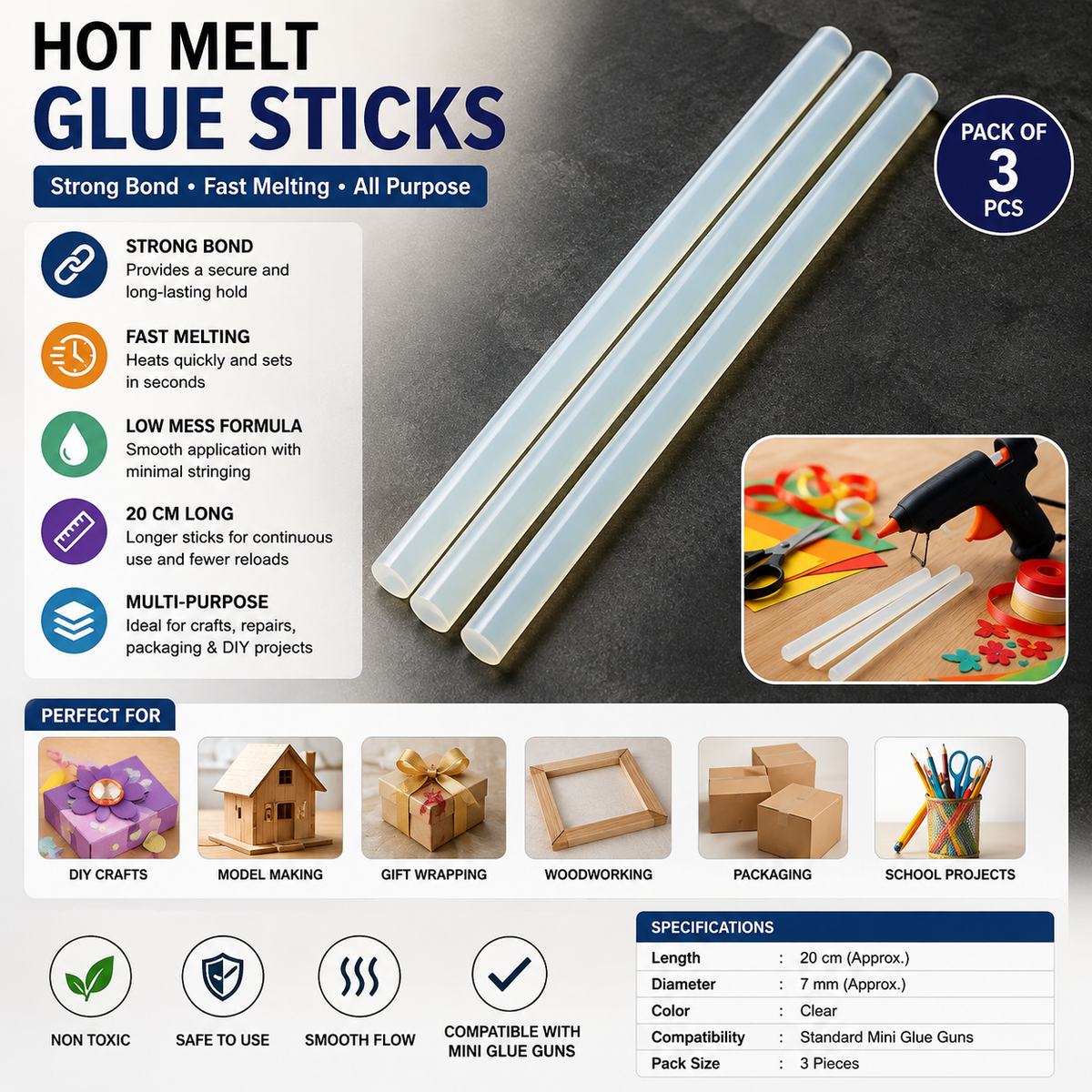 Hot Melt Glue Sticks 20cm Pack of 3