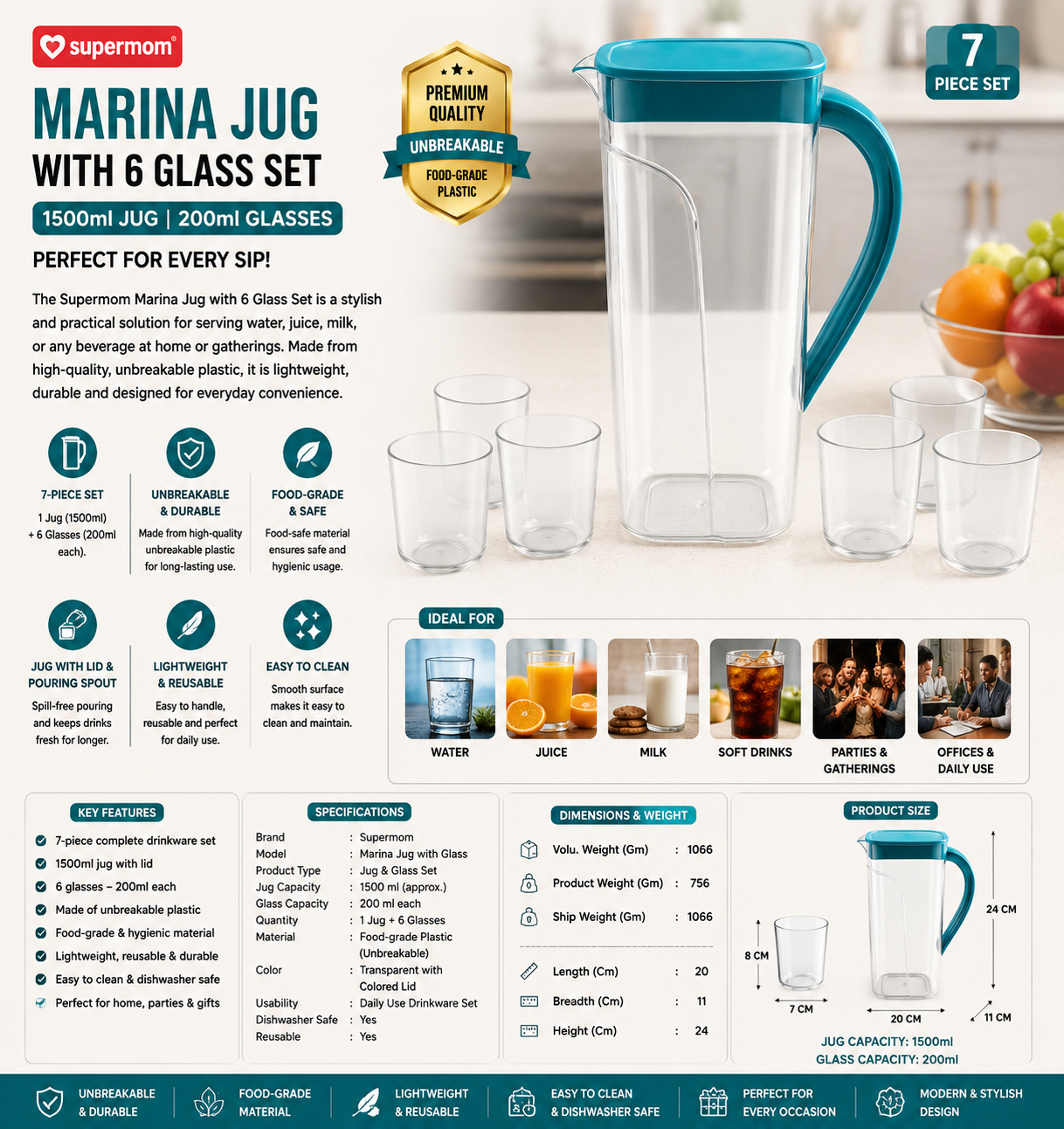 Supermom Marina Jug with 6 Glass Set – 1500ml Water Jug with 200ml Unbreakable Plastic Glasses (7 Pc Set)