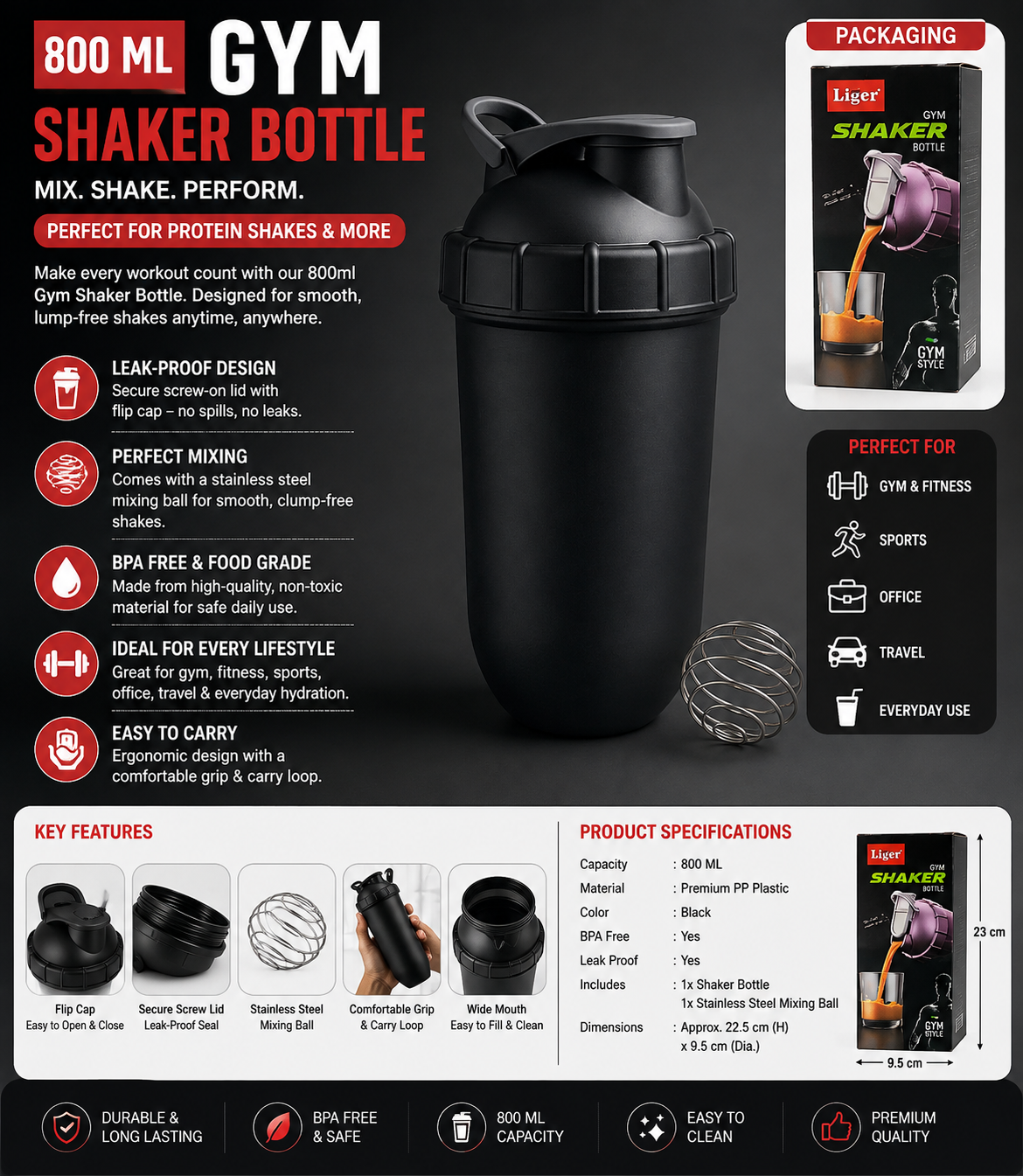 800ml Protein Shaker Bottle with Mixing Ball | BPA-Free Gym Bottle – RIZQORA