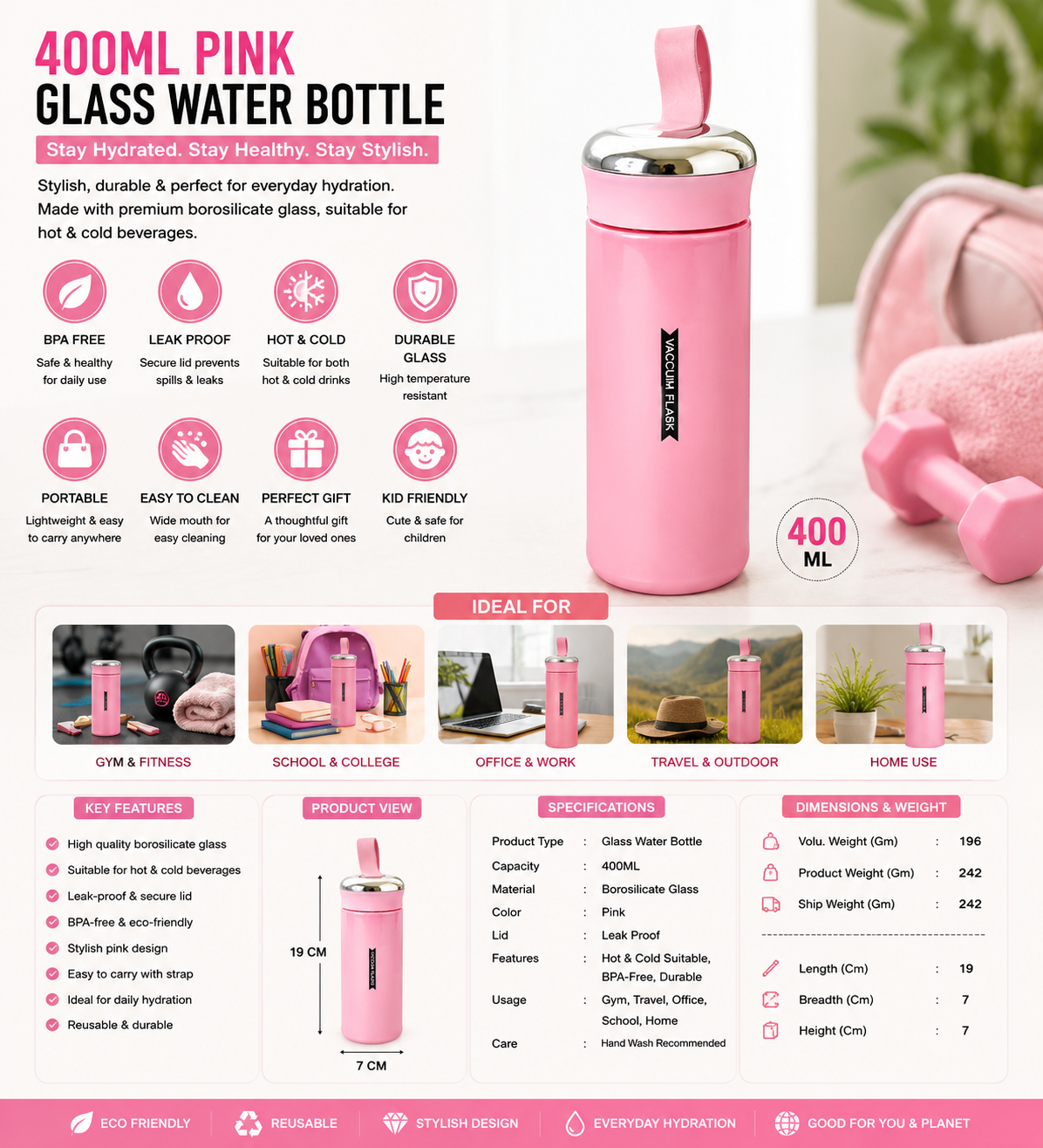 400ML Pink Borosilicate Glass Water Bottle – Leakproof BPA-Free Sports & Travel Bottle for Gym, School & Daily Hydration