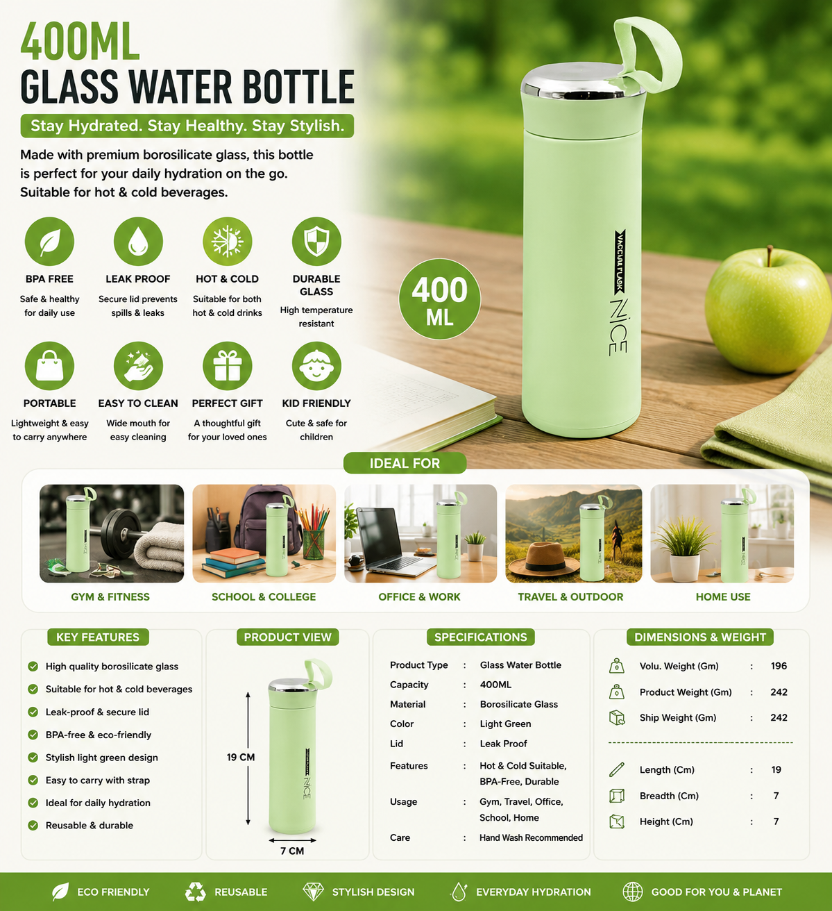 400ML Light Green Borosilicate Glass Water Bottle – Leakproof BPA-Free Sports & Travel Bottle for Gym, School &...