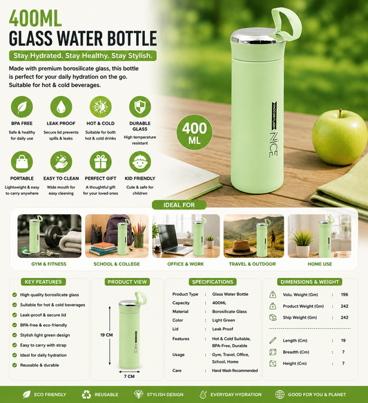 400ML Light Green Borosilicate Glass Water Bottle – Leakproof BPA-Free Sports & Travel Bottle for Gym, School &...