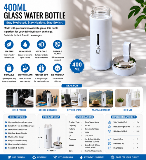 400ML Light Blue Borosilicate Glass Water Bottle – Leakproof BPA-Free Sports & Travel Bottle for Gym, School & Daily Hydration