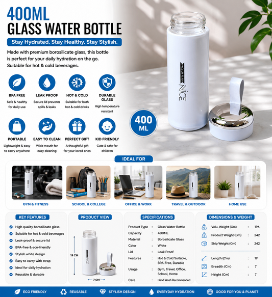 400ML Light Blue Borosilicate Glass Water Bottle – Leakproof BPA-Free Sports & Travel Bottle for Gym, School & Daily...