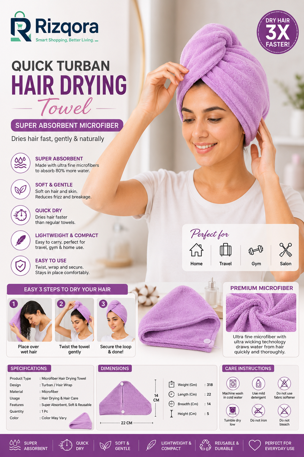 Quick Turban Hair Drying Towel | Super Absorbent Microfiber Hair Wrap Cap | Soft Reusable Shower Turban for Women &...