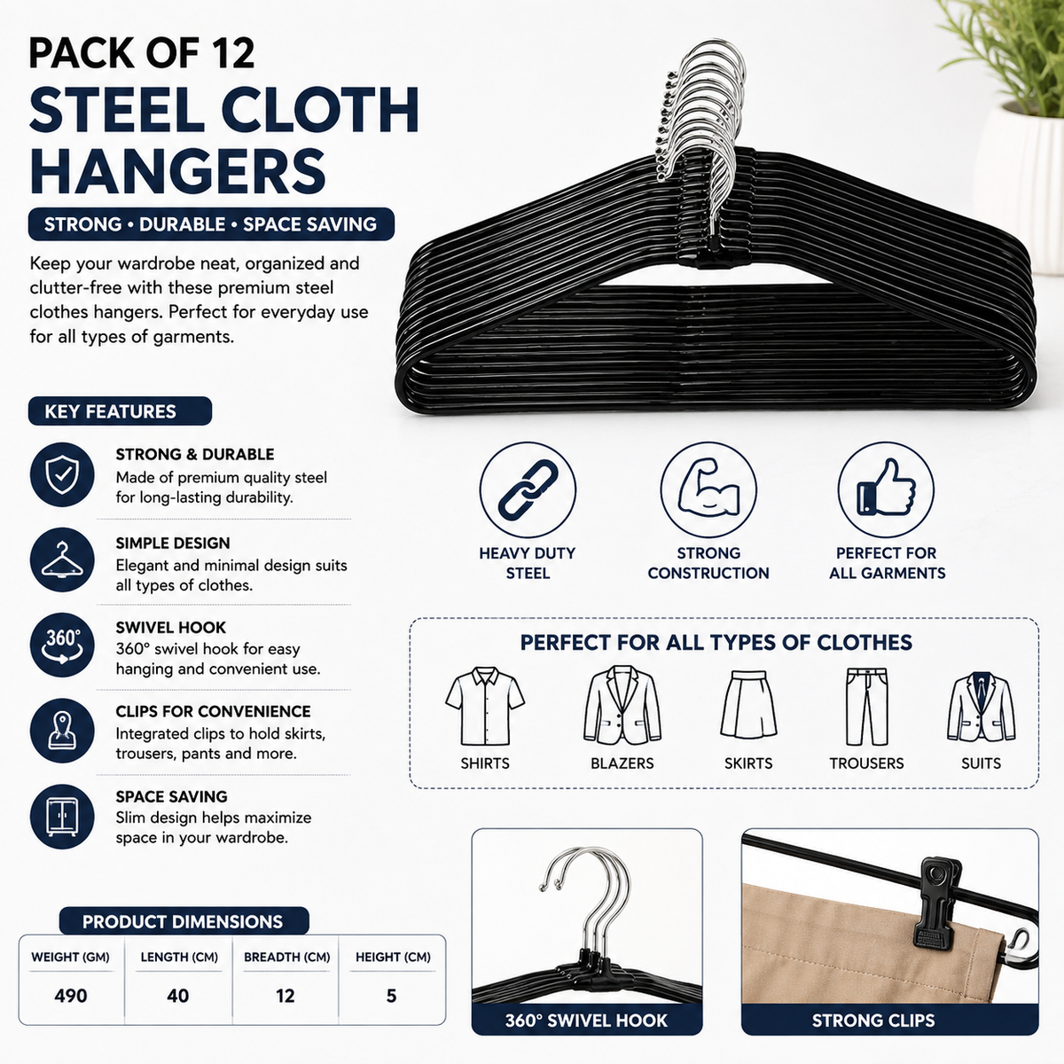 Pack of 12 Stainless Steel Clothes Hangers with Clips & Swivel Hooks – Heavy Duty Wardrobe Garment Hangers