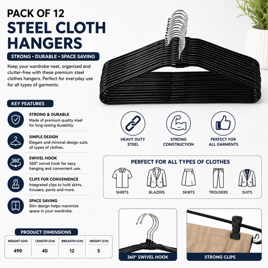 Pack of 12 Stainless Steel Clothes Hangers with Clips & Swivel Hooks – Heavy Duty Wardrobe Garment Hangers