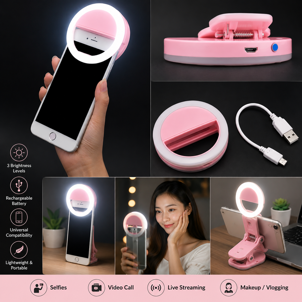Rechargeable LED Selfie Ring Light Clip | Portable Mobile Fill Light for Selfies & Video Calls