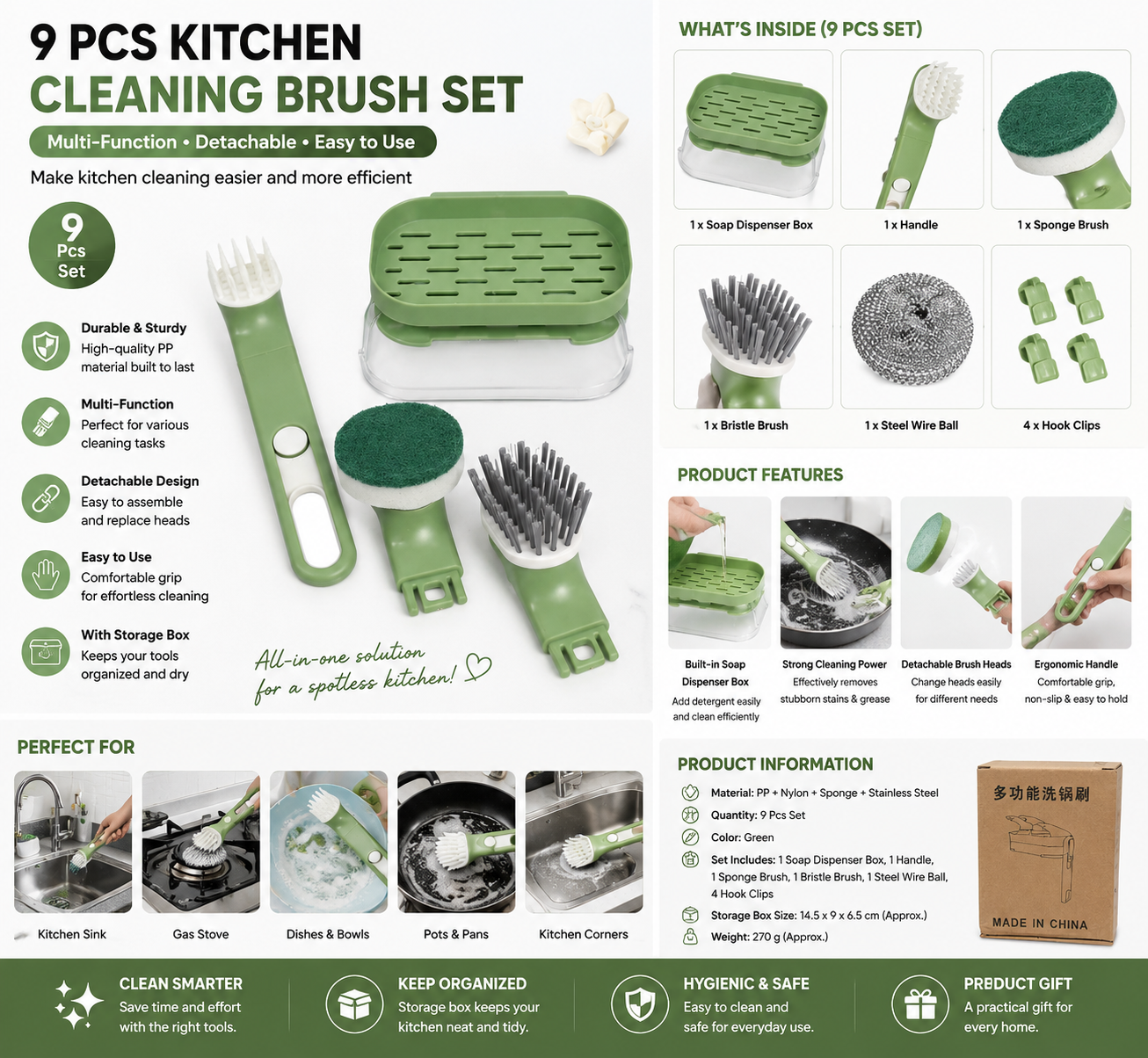 A 9-piece kitchen cleaning brush set shown on a white infographic background with product photos, feature callouts, and packaging. The set includes a green-handled brush with a clear plastic sleeve, several green and white sponge/scrubbing heads, metal wire wheels, and small green clips.