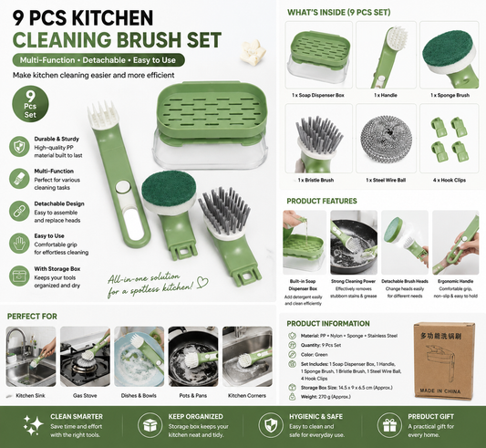 A 9-piece kitchen cleaning brush set shown on a white infographic background with product photos, feature callouts, and packaging. The set includes a green-handled brush with a clear plastic sleeve, several green and white sponge/scrubbing heads, metal wire wheels, and small green clips.