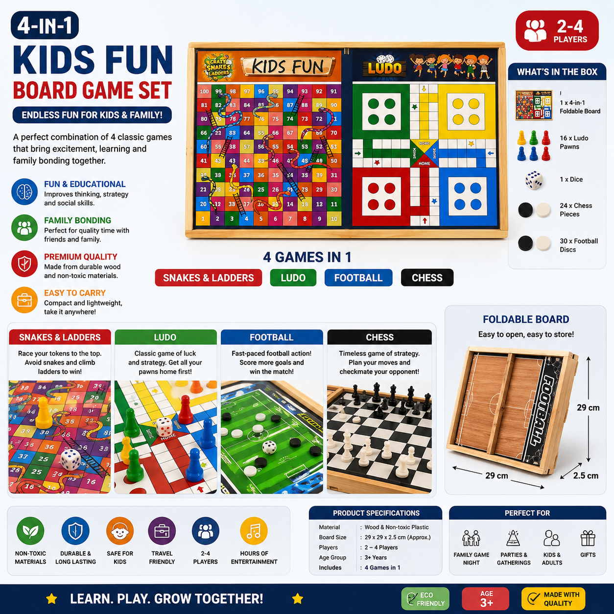 3-in-1 Wooden Family Board Game Set | Ludo, Snakes & Ladders & Football – RIZQORA
