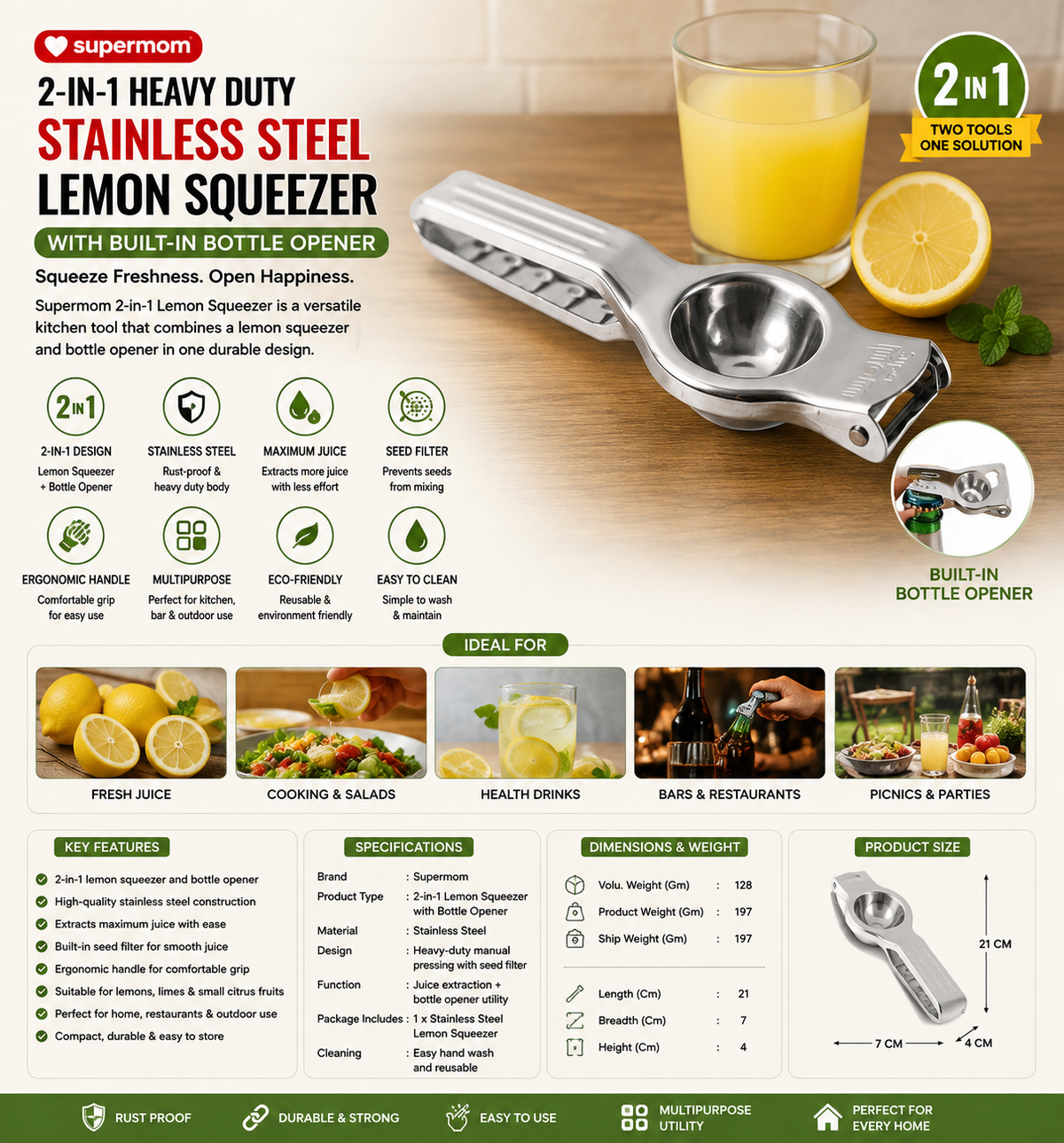 Supermom 2-in-1 Heavy Duty Stainless Steel Lemon Squeezer With Built-in Bottle Opener