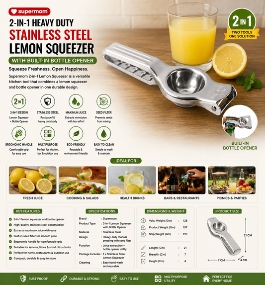 Supermom 2-in-1 Heavy Duty Stainless Steel Lemon Squeezer With Built-in Bottle Opener