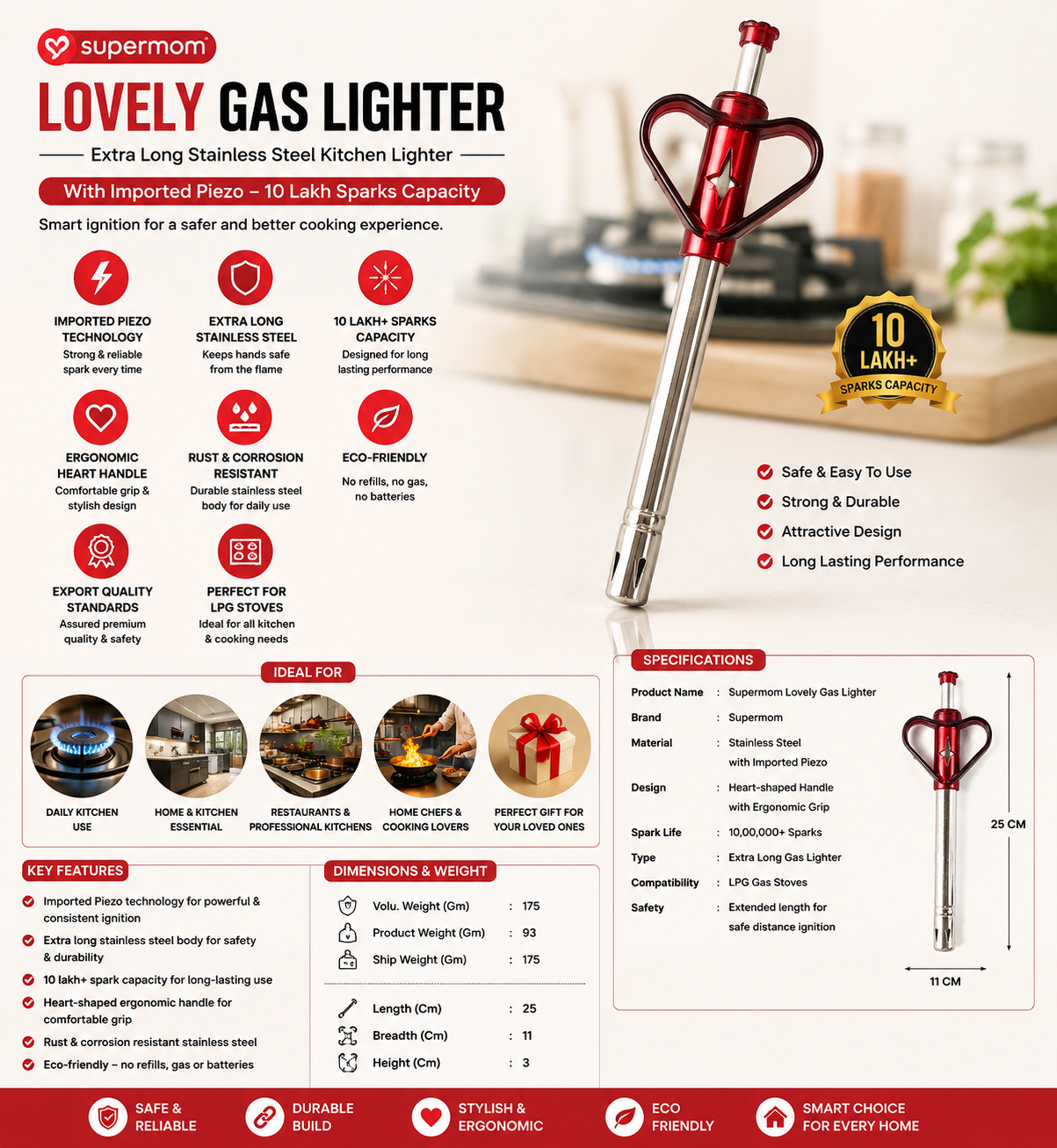 Supermom Lovely Gas Lighter with Imported Piezo – Extra Long Stainless Steel Kitchen Stove Lighter, 10 Lakh+ Sparks