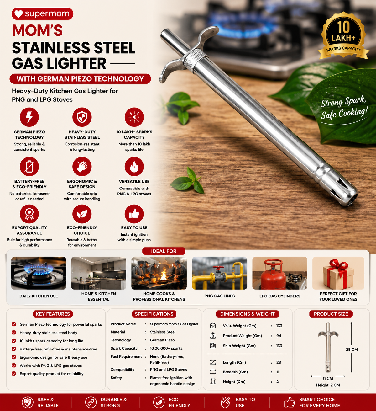 Supermom Mom’s Stainless Steel Gas Lighter with German Piezo Technology – Heavy-Duty Kitchen Lighter for PNG & LPG...