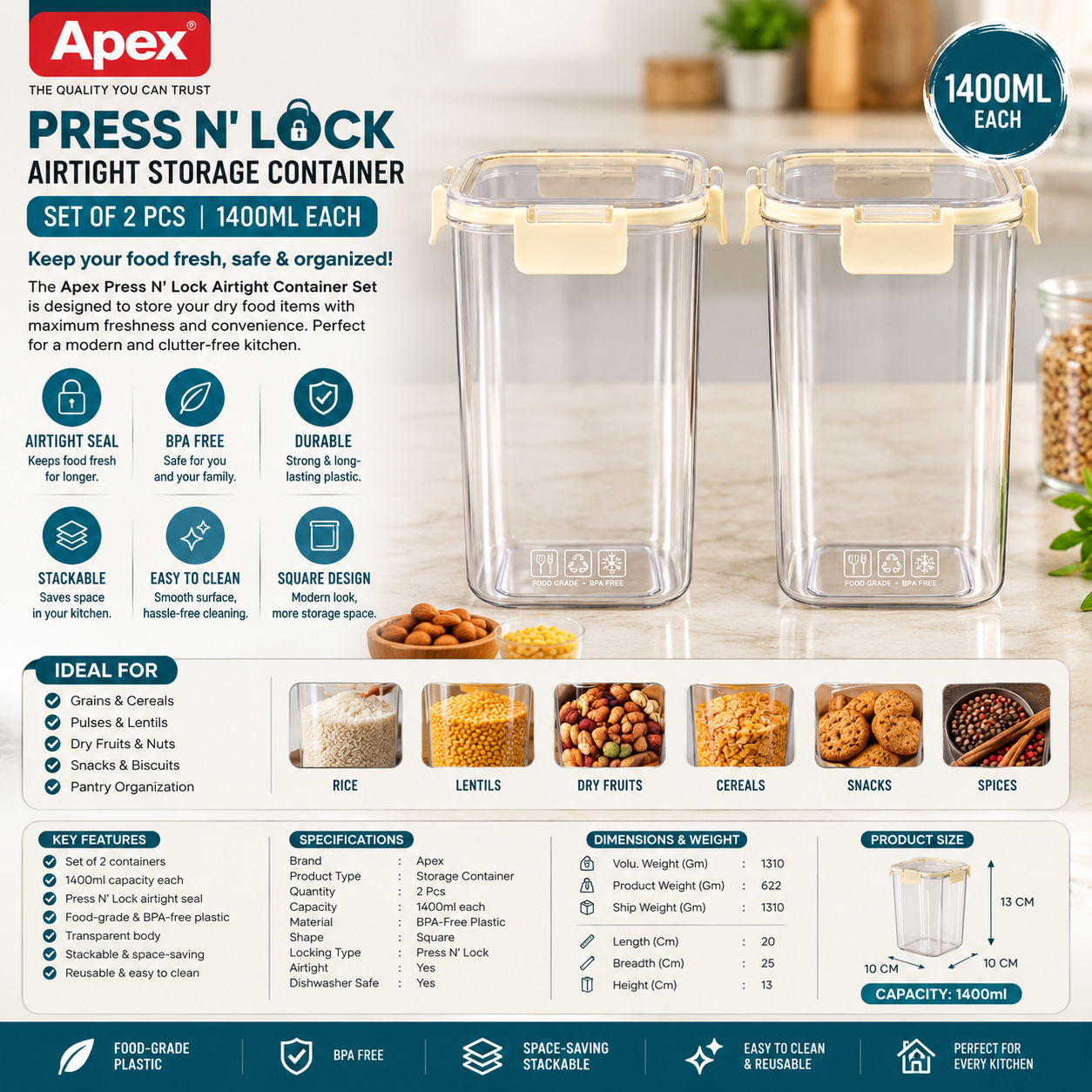 Apex Press N’ Lock Airtight Kitchen Storage Container Set – 2 Pcs, 1400ml Square Food Storage Jars