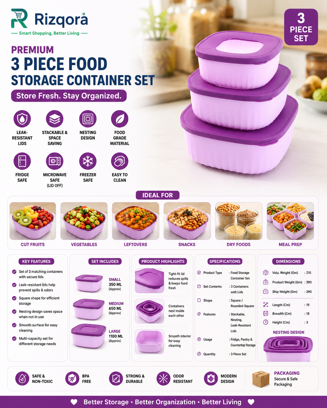 Premium 3 Piece Food Storage Container Set with Leak-Resistant Lids – Stackable Square Kitchen Storage Boxes for...