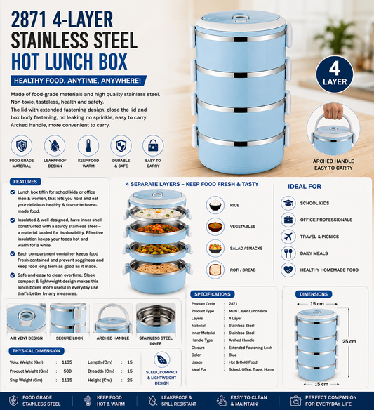 4-Layer Stainless Steel Lunch Box – Leakproof Multi-Compartment Tiffin for School, Office & Travel