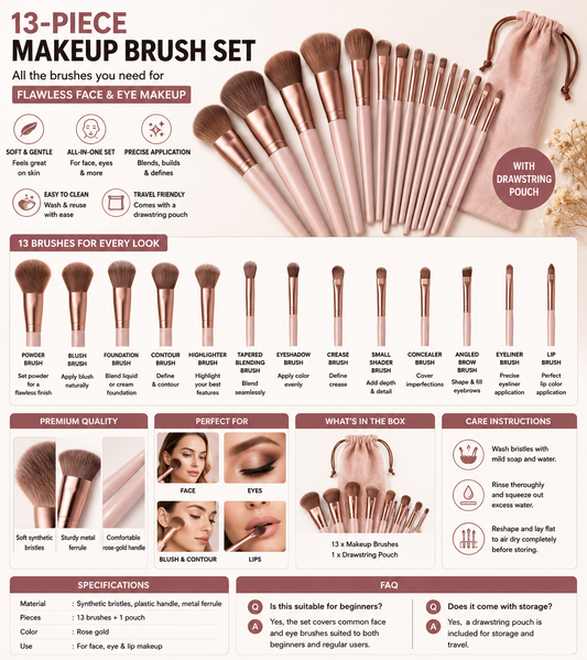 13-Piece Makeup Brush Set with Travel Pouch - product photo 2