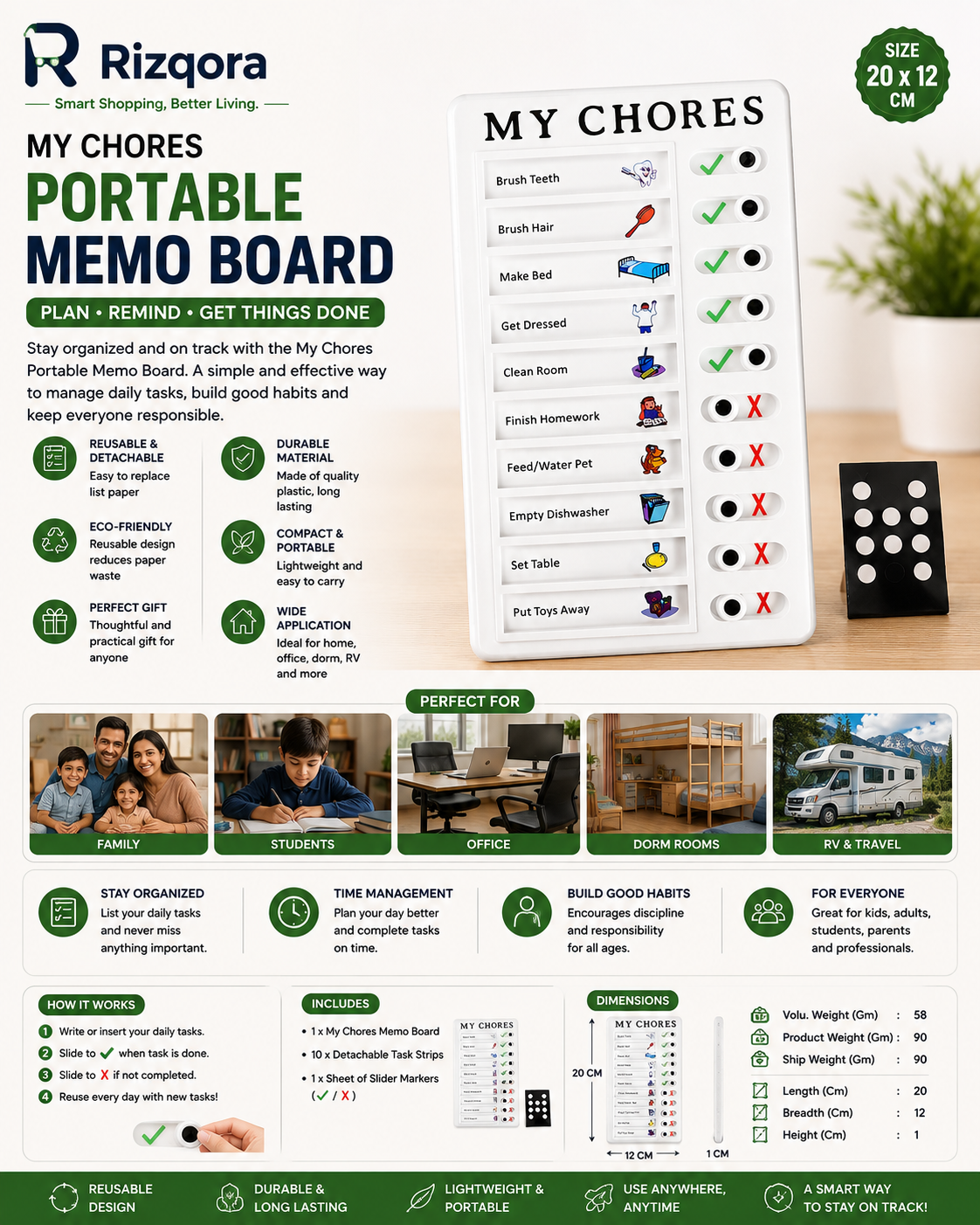 Portable My Chores Checklist Memo Board – Reusable Daily Task Planner & Reminder Board for Home, Office, Dorm & RV