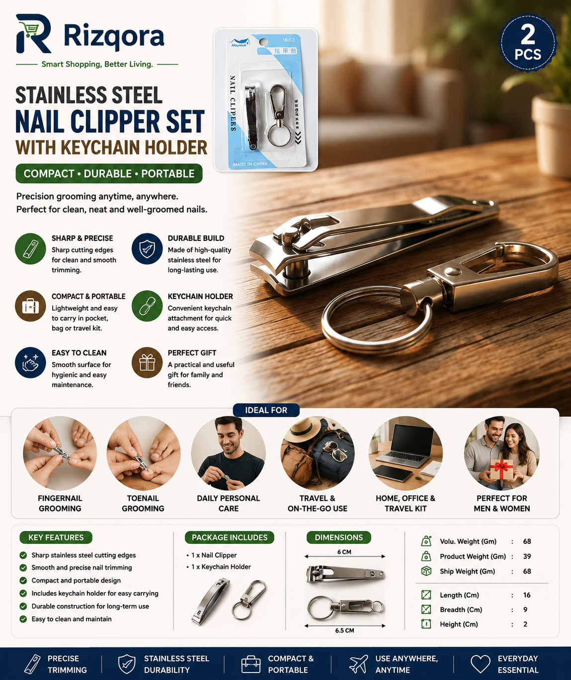 Stainless Steel Nail Clipper Set with Keychain Holder – Portable Fingernail & Toenail Cutter for Men & Women