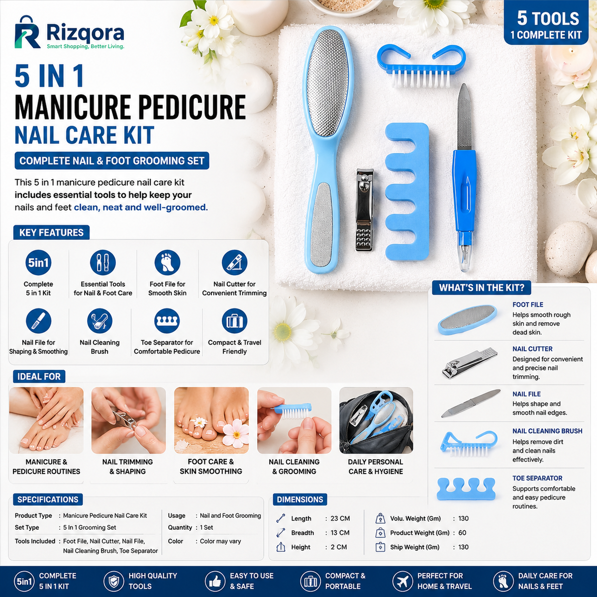 5 In 1 Manicure Pedicure Nail Care Kit | Nail Cutter, Nail File, Foot File, Cleaning Brush & Toe Separator |...