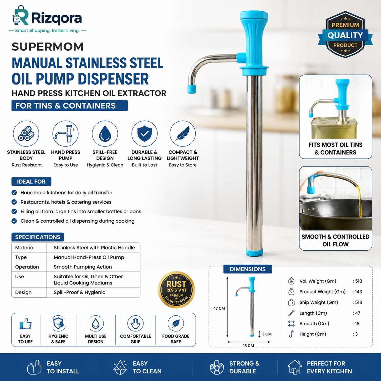 Manual Stainless Steel Oil Pump Dispenser | Hand Press Oil Extractor for Tins & Containers