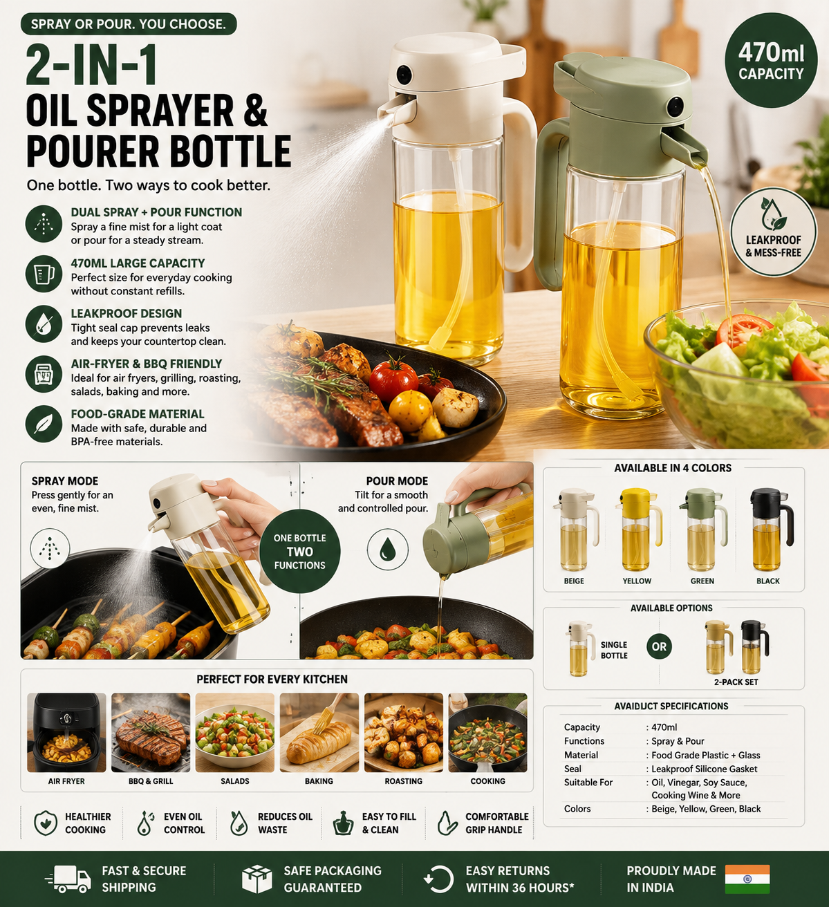 2-in-1 Olive Oil Sprayer & Dispenser Bottle – 470ml