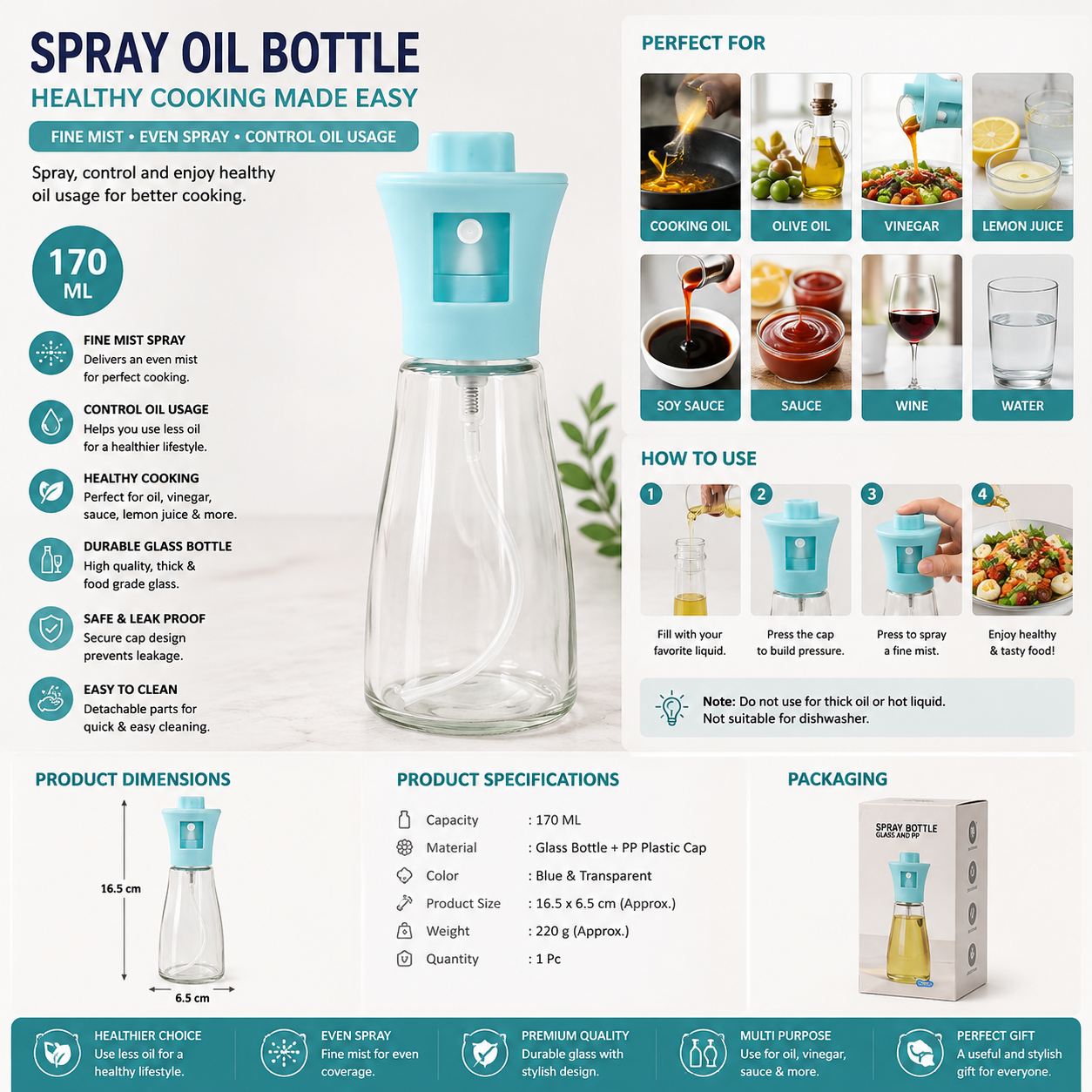 170ml Oil Sprayer & Dispenser Bottle | Refillable Olive Oil Mist Spray for Cooking