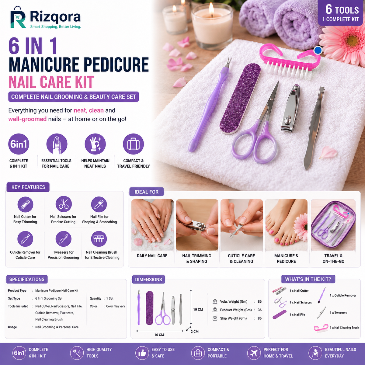 6 In 1 Manicure Pedicure Nail Care Kit | Nail Cutter, Scissors, Nail File, Cuticle Remover, Tweezers & Nail Cleaning...