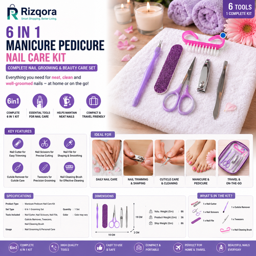 6 In 1 Manicure Pedicure Nail Care Kit | Nail Cutter, Scissors, Nail File, Cuticle Remover, Tweezers & Nail Cleaning Brush | Personal Grooming Set | 1 Set