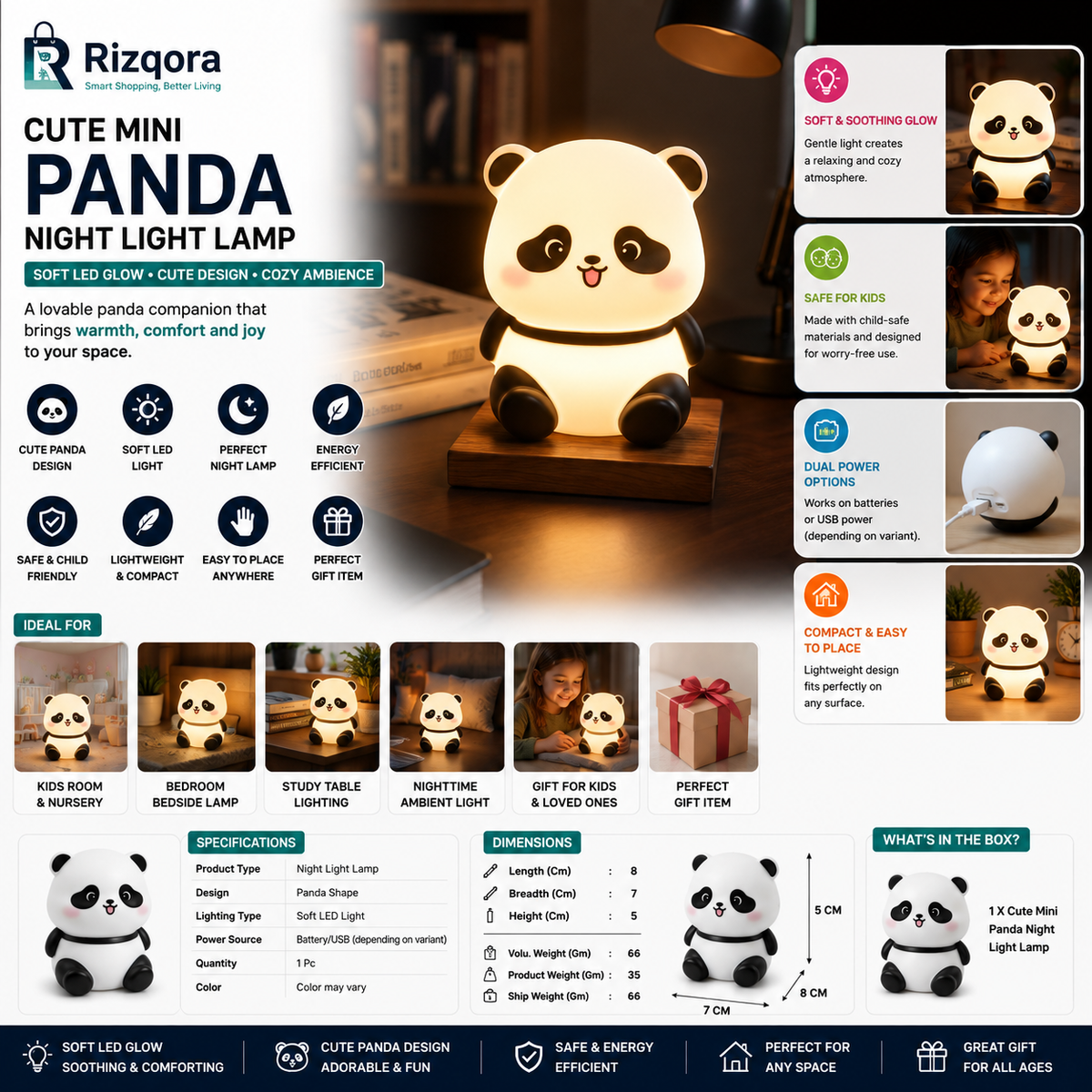 Cute Mini Panda Night Light Lamp | Soft LED Bedside Table Lamp for Kids Room, Bedroom & Study Desk | Decorative...