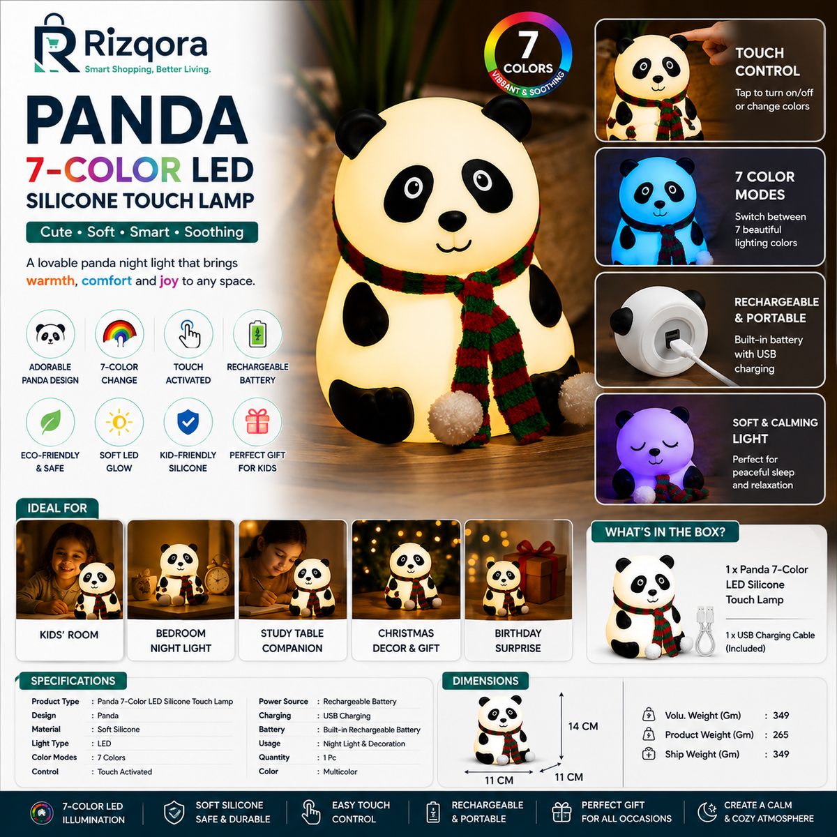 Panda 7-Color LED Silicone Touch Lamp | Rechargeable Night Light for Kids' Room & Bedroom | Soft Glow Decorative...
