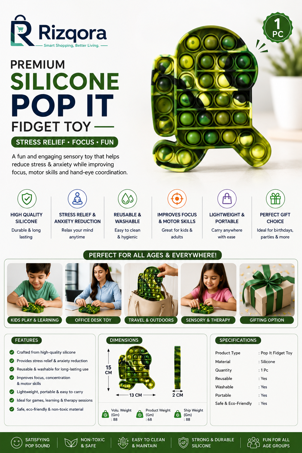 Premium Silicone Pop It Fidget Toy for Kids & Adults – Reusable Washable Sensory Bubble Popper for Stress Relief,...
