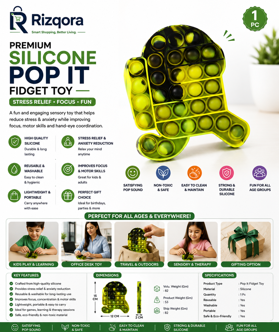Premium Silicone Pop It Fidget Toy for Kids & Adults – Sensory Bubble Popper for Stress Relief, Focus & Fun – 1 Pc