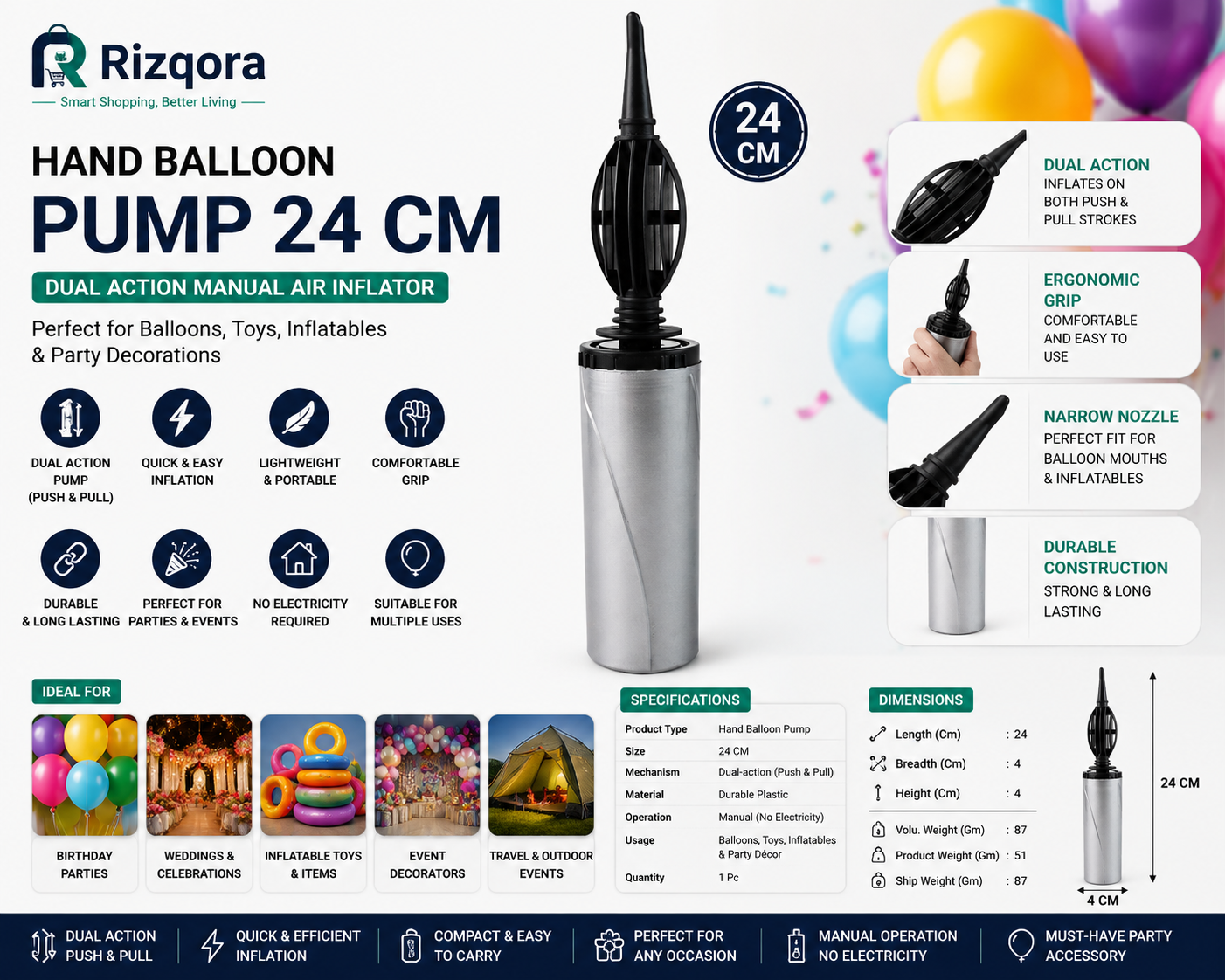 Hand Balloon Pump 24 CM | Dual Action Manual Air Inflator for Balloons, Toys & Inflatables | Party Decoration Pump |...