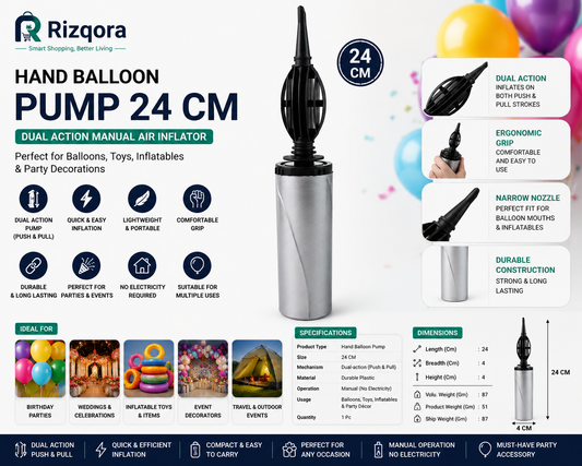 Hand Balloon Pump 24 CM | Dual Action Manual Air Inflator for Balloons, Toys & Inflatables | Party Decoration Pump |...