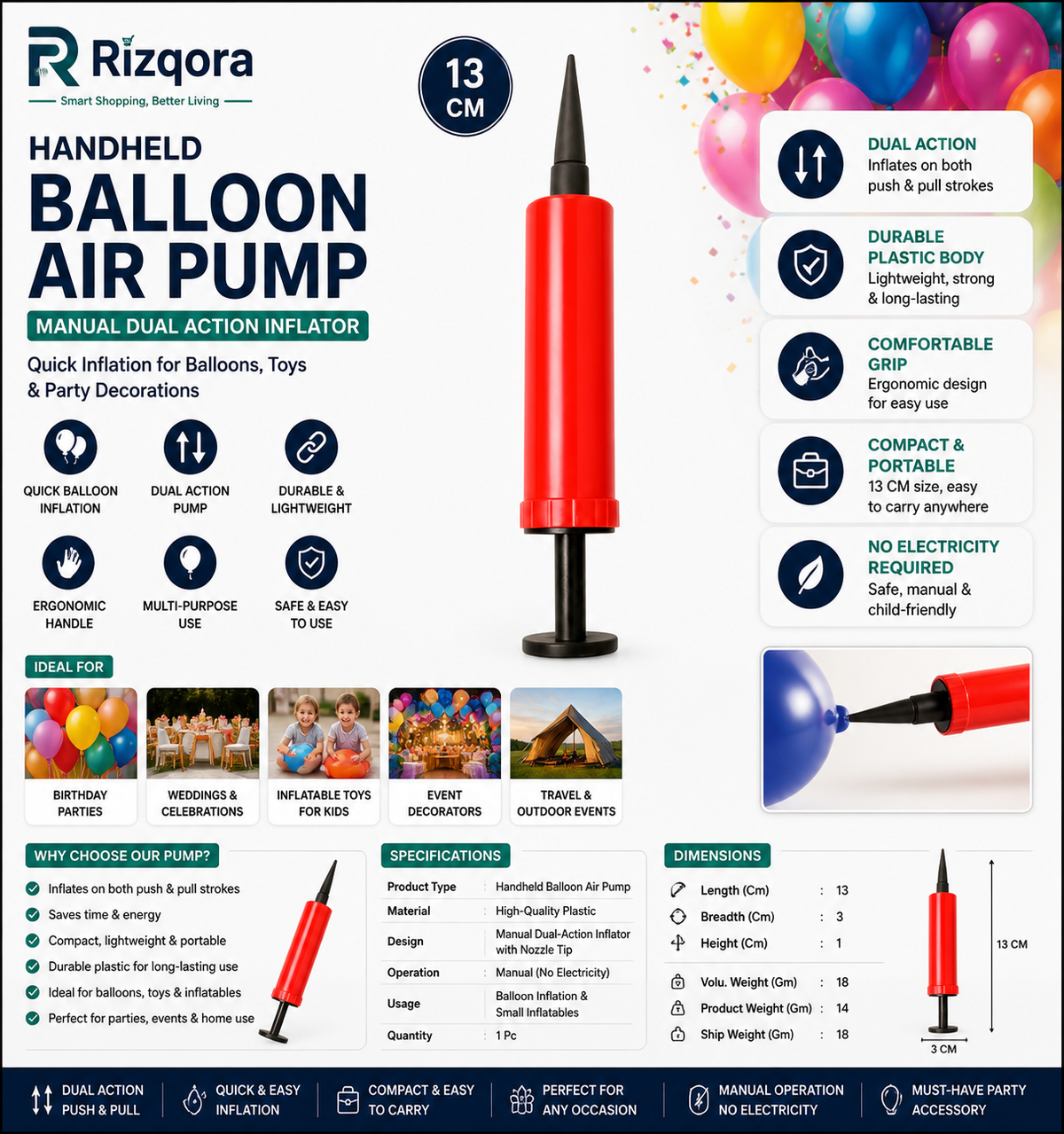 Handheld Balloon Air Pump 13 CM | Manual Dual Action Inflator for Balloons, Toys & Party Decorations | Portable Air...