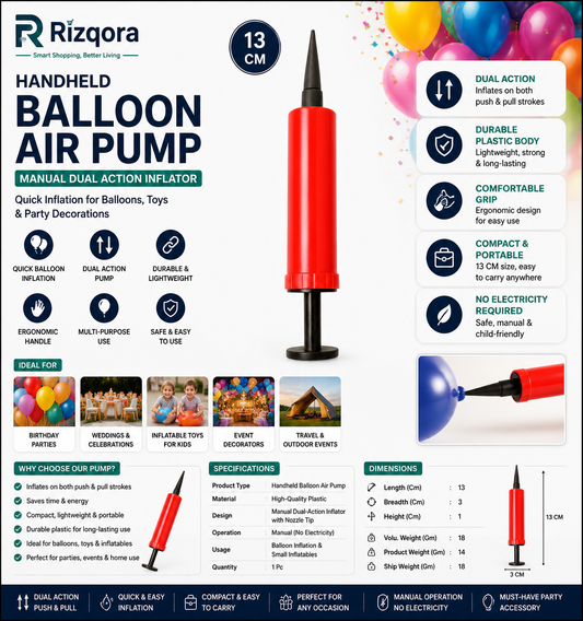 Handheld Balloon Air Pump 13 CM | Manual Dual Action Inflator for Balloons, Toys & Party Decorations | Portable Air...