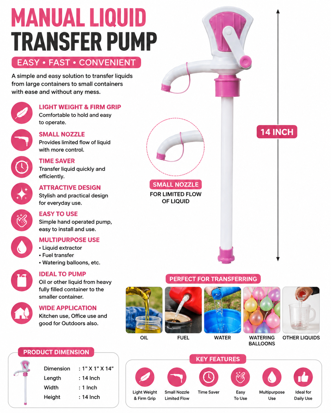 Manual Liquid Transfer Pump with Long Nozzle – Hand Siphon Pump for Oil, Water & Fuel | 14 Inch