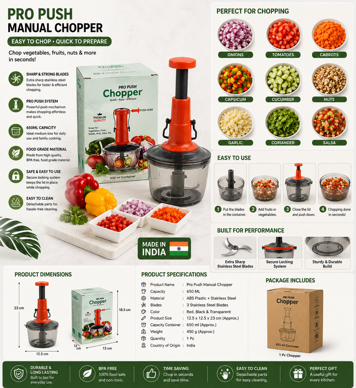 RIZQORA 650ml manual push vegetable chopper