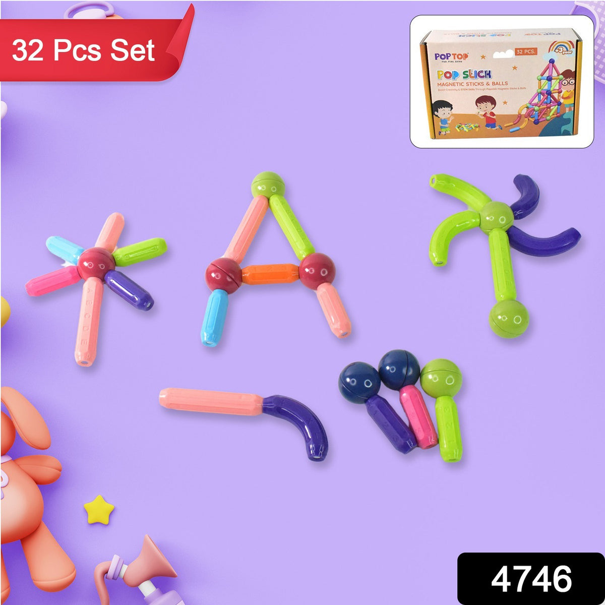 RIZQORA 32-piece magnetic building sticks set for kids