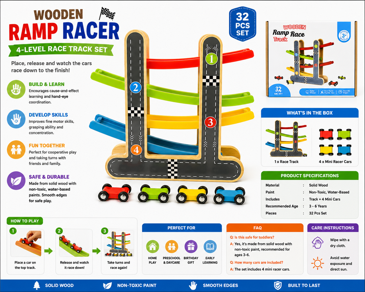 Wooden Car Racer Track Play Set with 4 Mini Racers