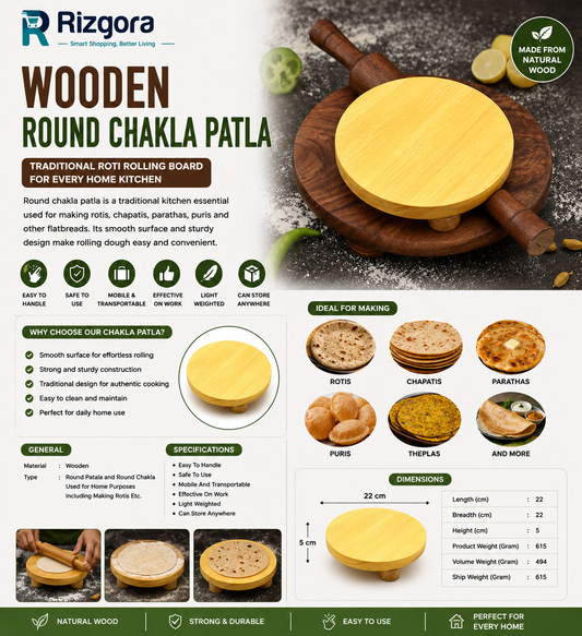 Wooden Round Chakla Patla – Traditional Roti Rolling Board for Making Roti, Chapati, Paratha & Other Flatbreads