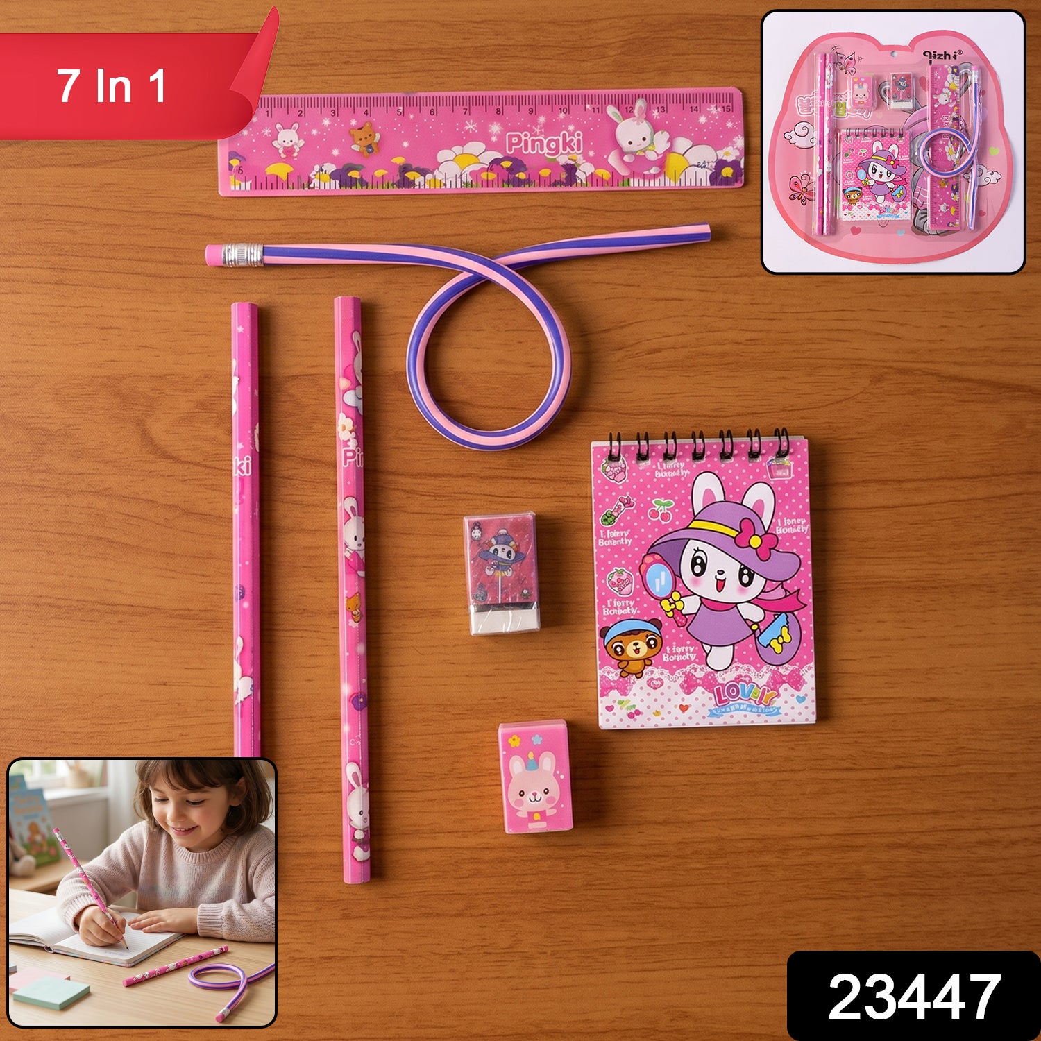 7-in-1 Cute Pink Stationery Set With Ruler Pencil Eraser Notebook Sharpener
