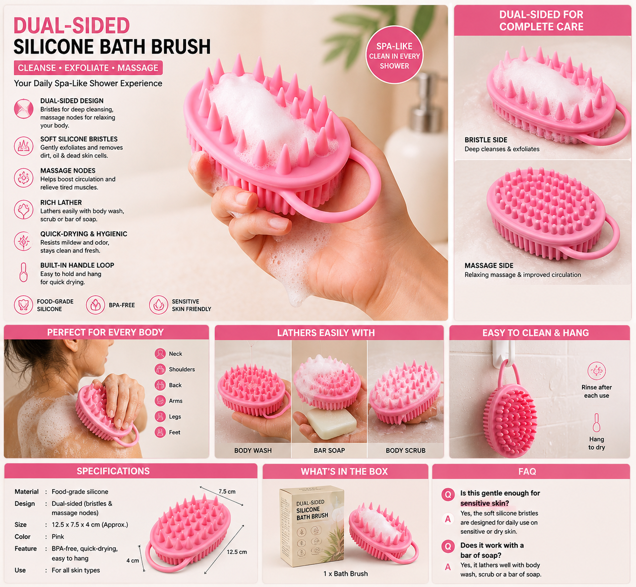 2-in-1 Silicone Bath Brush, Body Scrubber & Massager - product photo 8