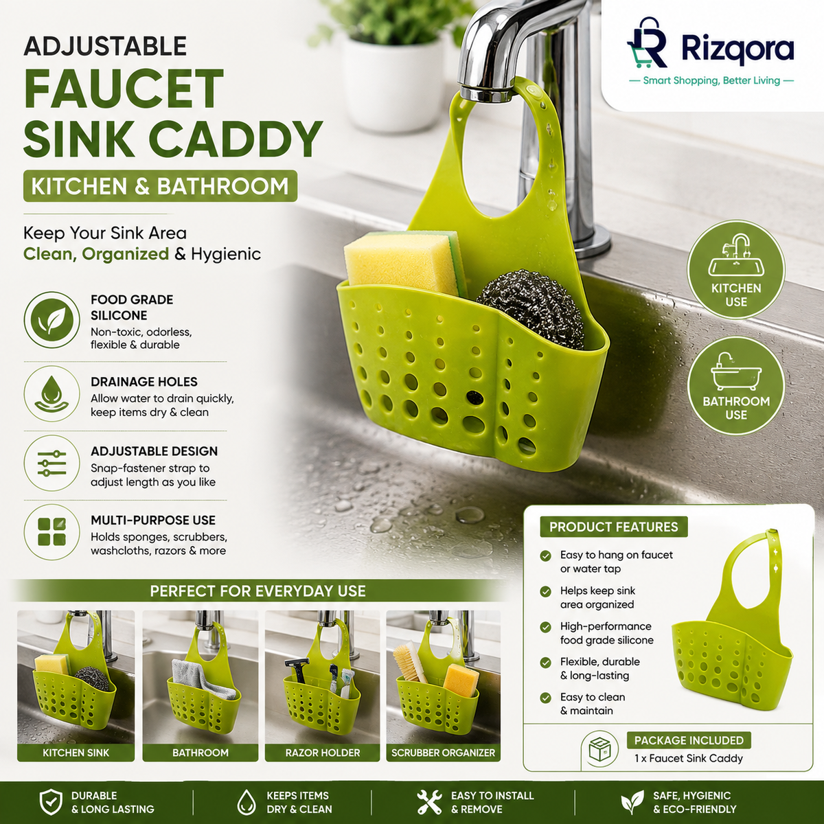 Adjustable Faucet Sink Caddy | Kitchen & Bathroom Sponge Holder with Drainage Basket