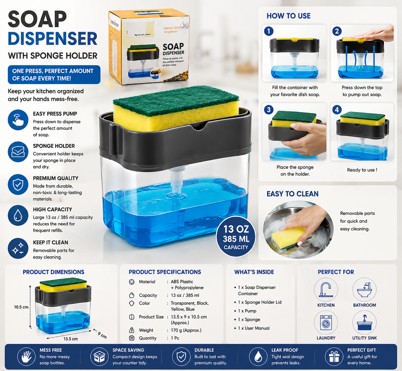 2-in-1 Kitchen Soap Dispenser with Sponge Holder | Pump Liquid Soap Dispenser