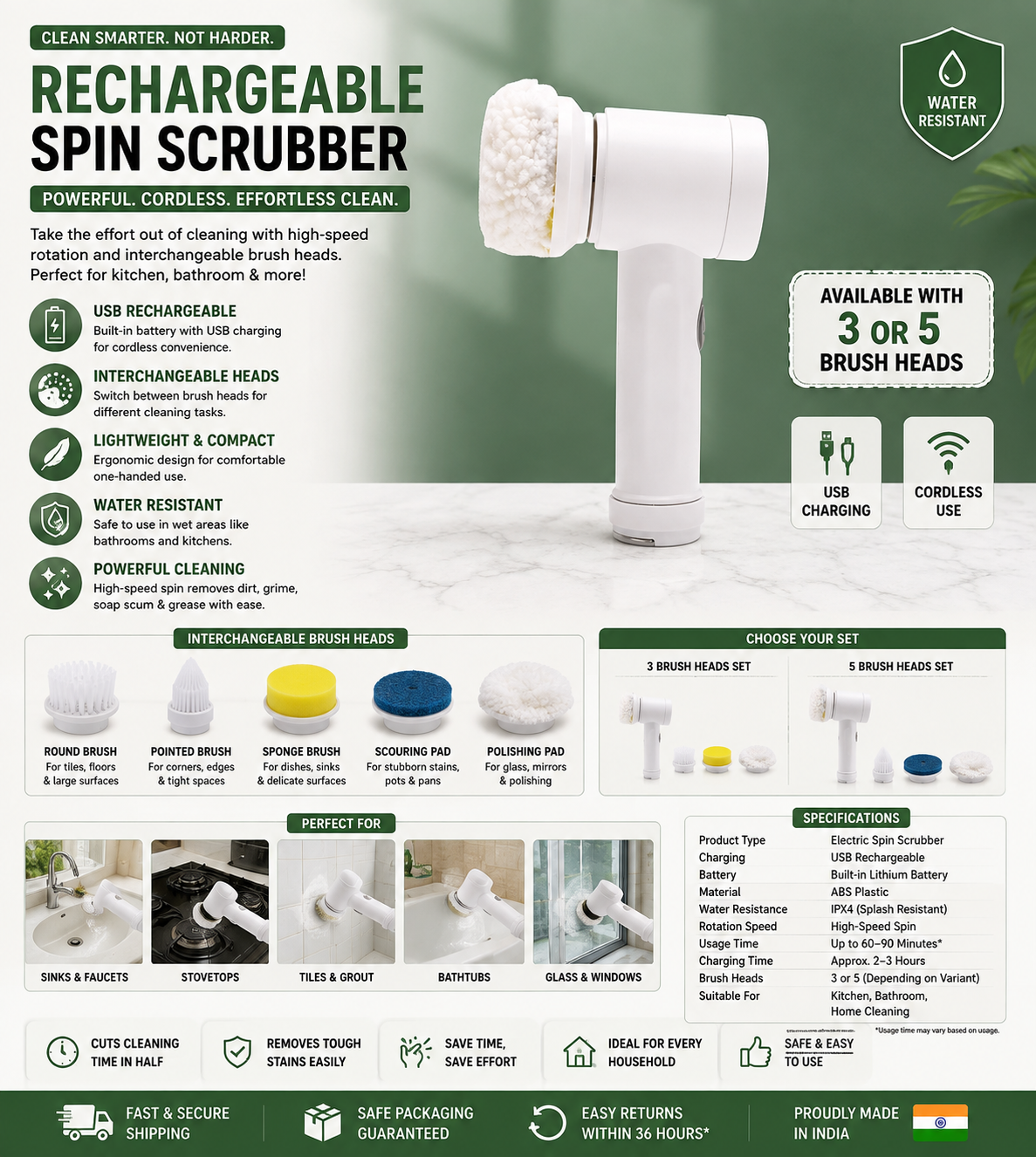 Rechargeable Electric Cleaning Brush – Multi-Surface Spin Scrubber